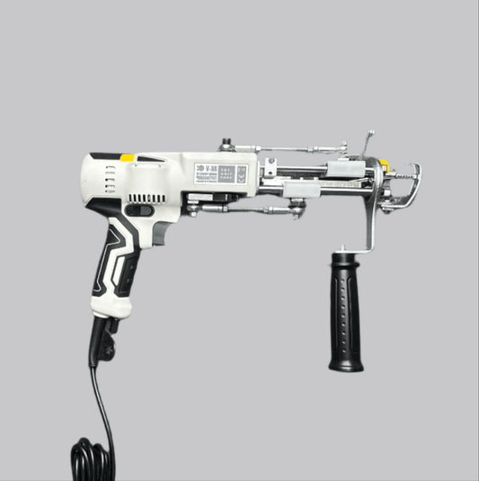 A tufting gun with a black handle and a white body, featuring a guide light and a speed display.