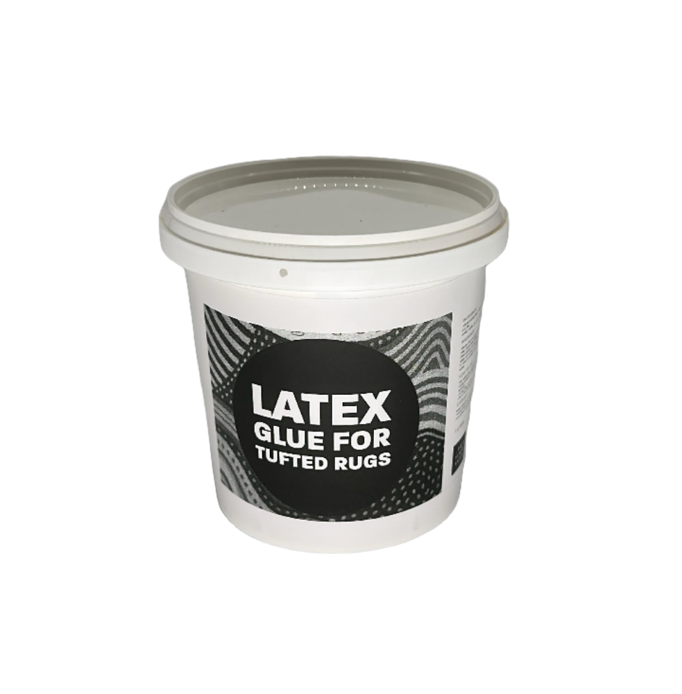 Container of latex glue for tufted rugs on a gray background
