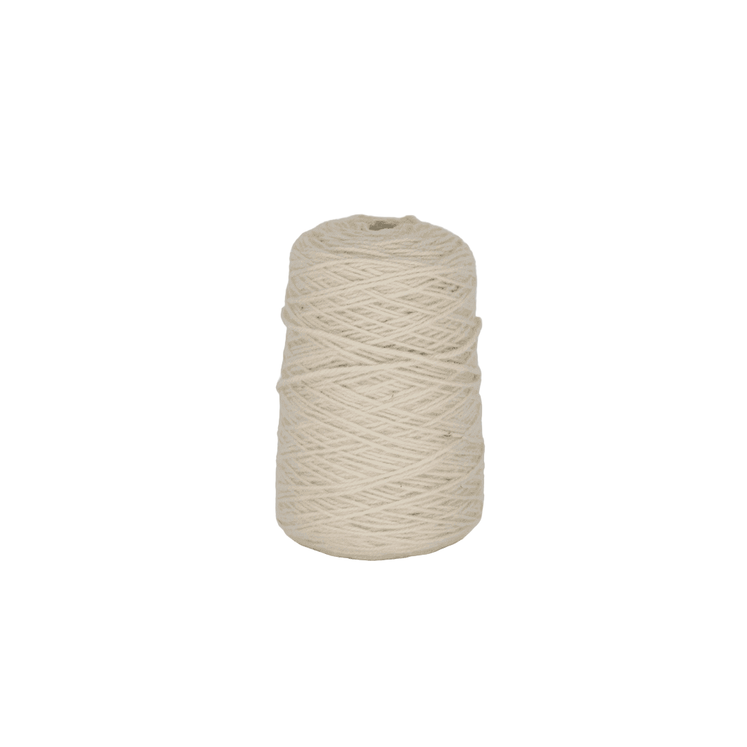 A cone of 100% wool tufting yarn in off-white color.