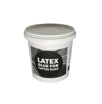 Container of latex glue for tufted rugs on a gray background