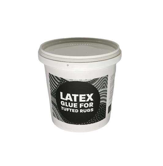 Container of latex glue for tufted rugs on a gray background