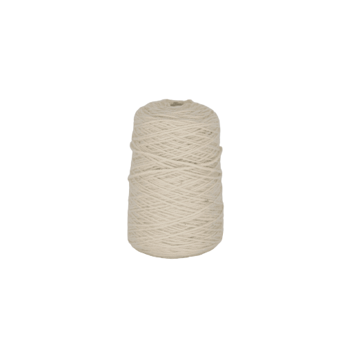 A cone of 100% wool tufting yarn in off-white color.