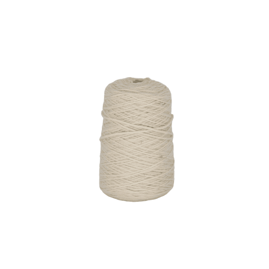 A cone of 100% wool tufting yarn in off-white color.